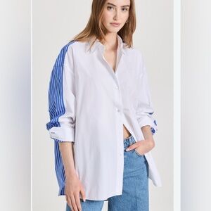 Theory Oversized Button Down White and Blue Contrast Shirt